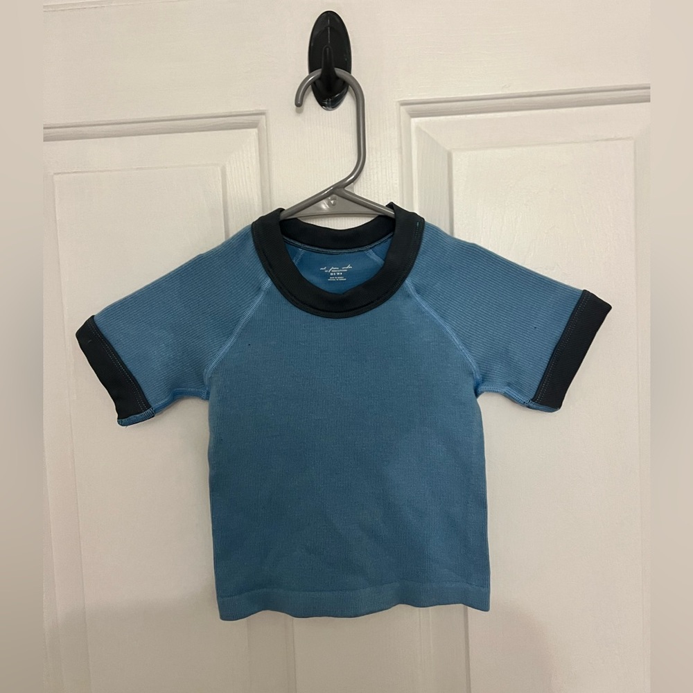 blue with gray detailing, cropped teeshirt.